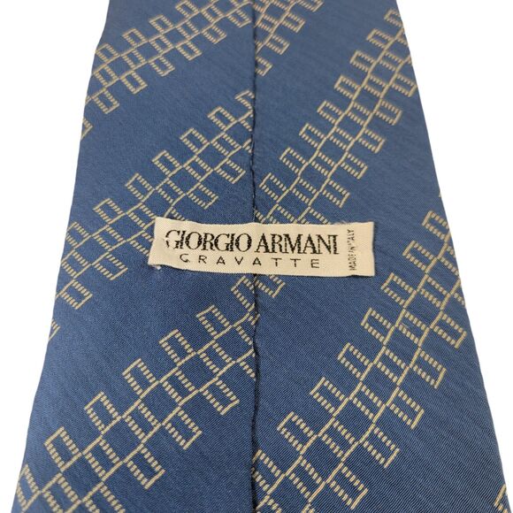 GIORGIO ARMANI Men's 100% Silk Necktie ITALY Designer Geometric Blue/Tan - Picture 3 of 7